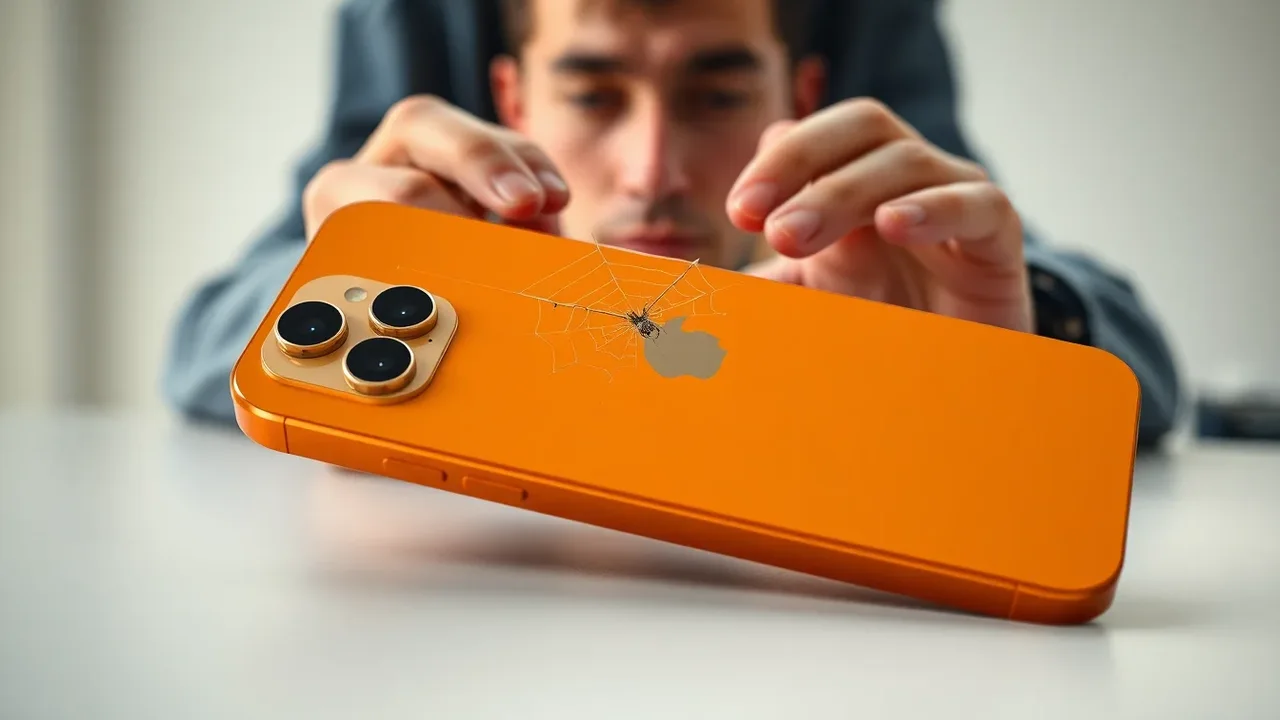 Europeisk man kontrollerar en iPhone med sprucken baksida