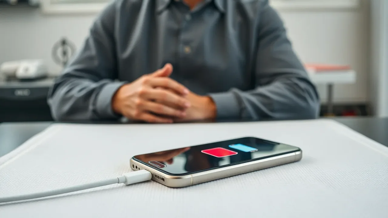 Europeisk man kontrollerar laddning och batteristatus på sin iPhone