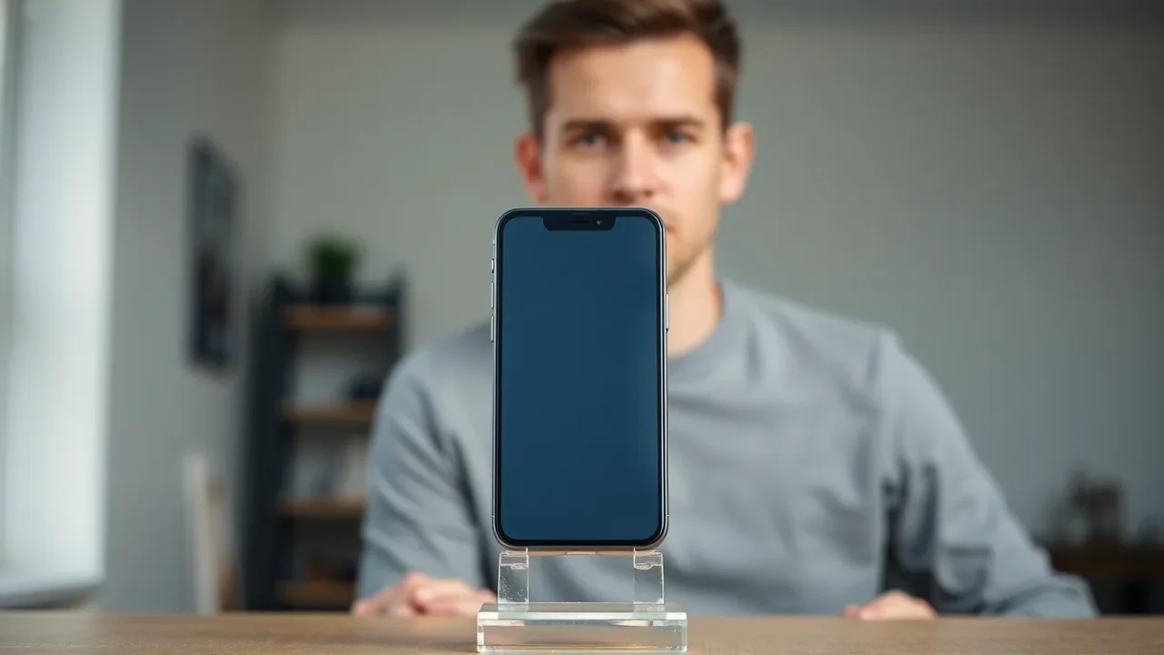 Europeisk man kontrollerar den främre kameran på en iPhone