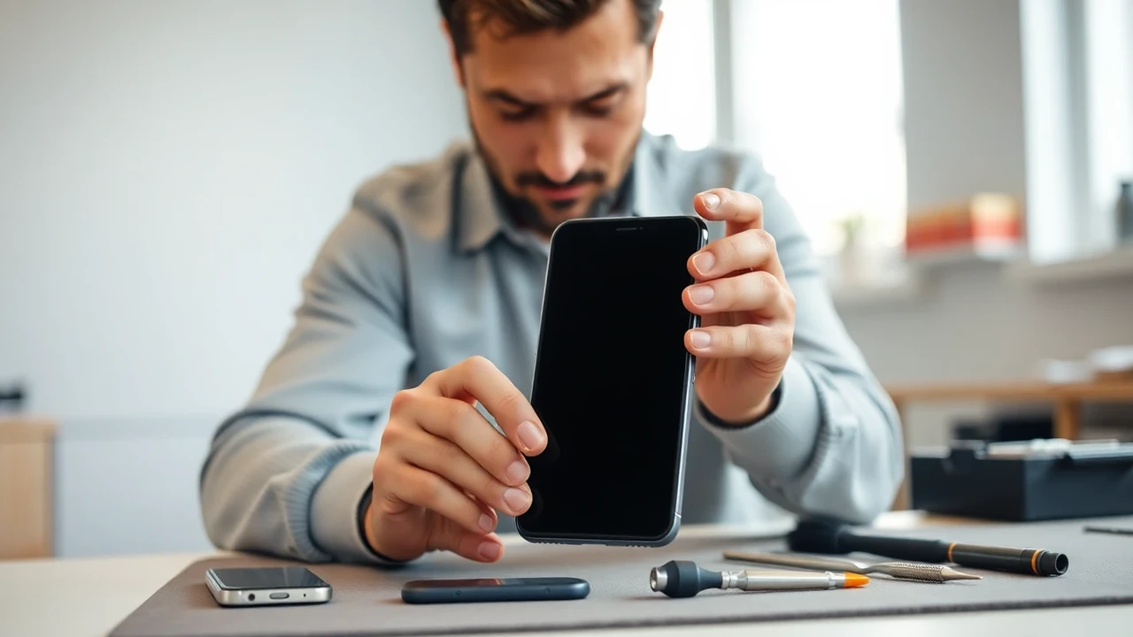 Europeisk man kontrollerar sidoknapparna på en iPhone