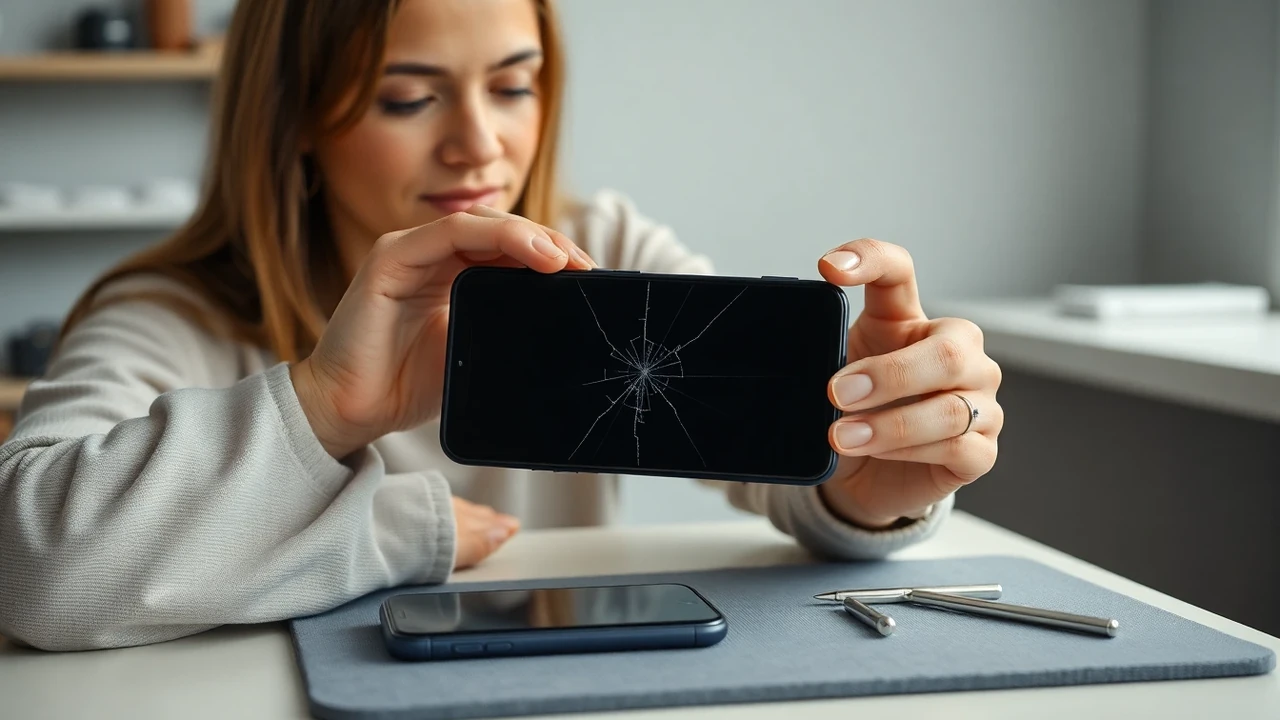Europeisk kvinna visar en iPhone med sprucken skärm