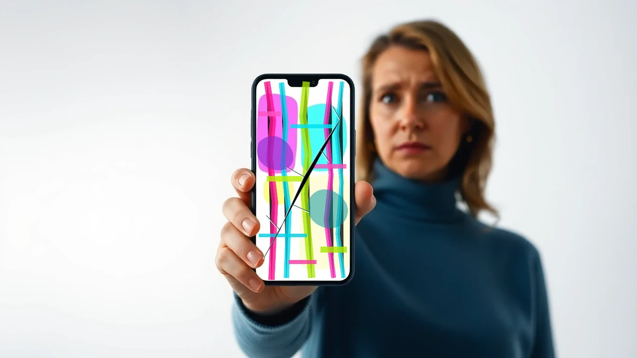 Europeisk kvinna visar en iPhone med tydlig färgskada i skärmen