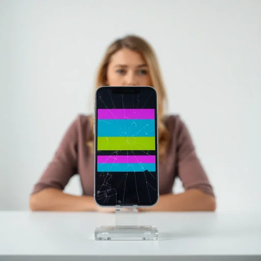 Europeisk kvinna bakom en iPhone med sprucken skärm och färgfel