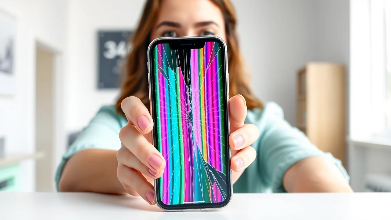 Europeisk kvinna visar en iPhone 11 med tydlig färgstark skärmskada inför reparation