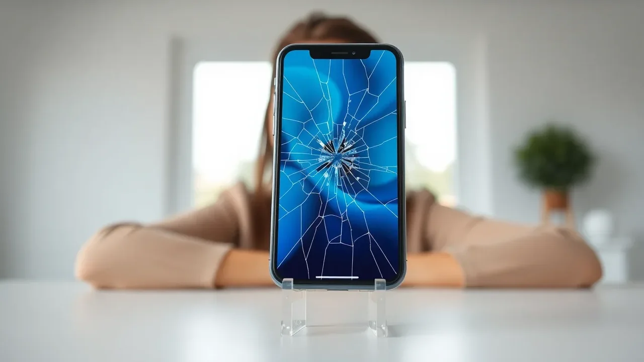 Europeisk kvinna visar en iPhone 12 med tydlig färgstark skärmskada inför reparation