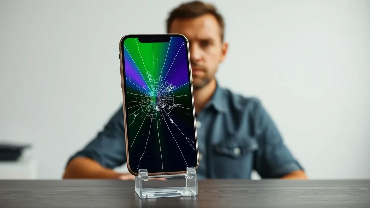 Europeisk man visar en iPhone 13 med tydlig färgstark skärmskada inför reparation