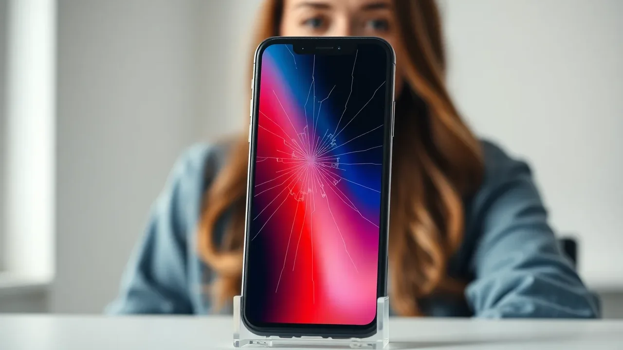Europeisk kvinna visar en iPhone 14 med tydlig färgstark skärmskada inför reparation