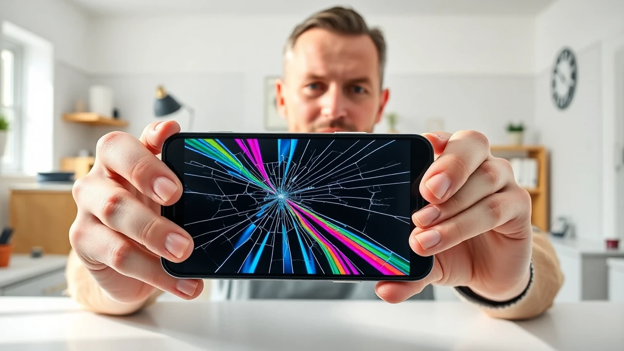 Europeisk man visar en iPhone 15 med tydlig färgstark skärmskada inför reparation