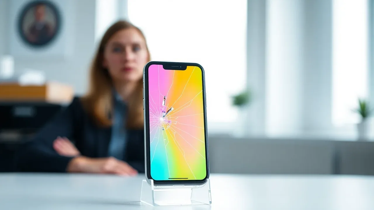 Europeisk kvinna visar en iPhone 16 med tydlig färgstark skärmskada inför reparation