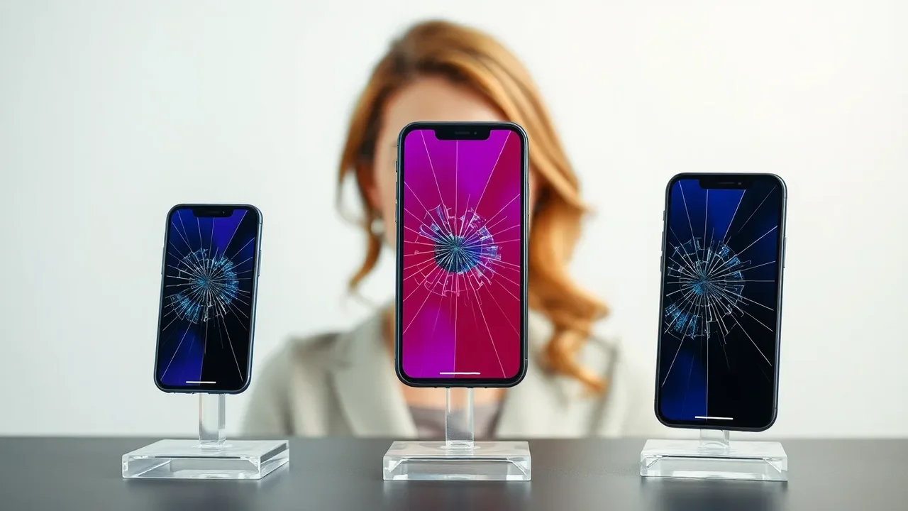 Tre olika iPhone-modeller med tydliga färgfel och spruckna skärmar