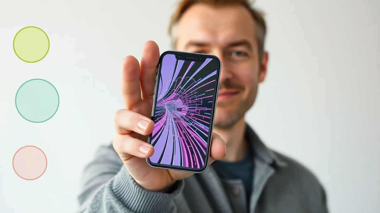 Europeisk person jämför reparationspris för en iPhone med färgstark skärmskada