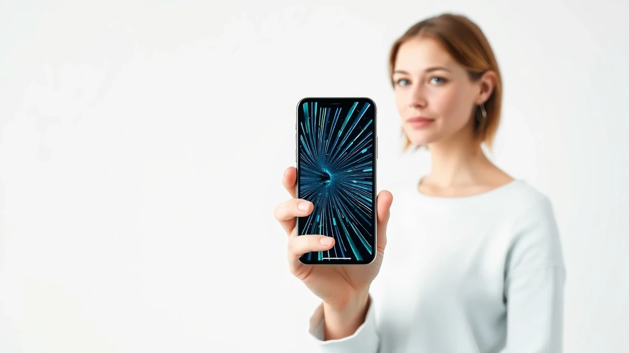 Europeisk kvinna visar en iPhone med färgstark skärmskada inför reparation