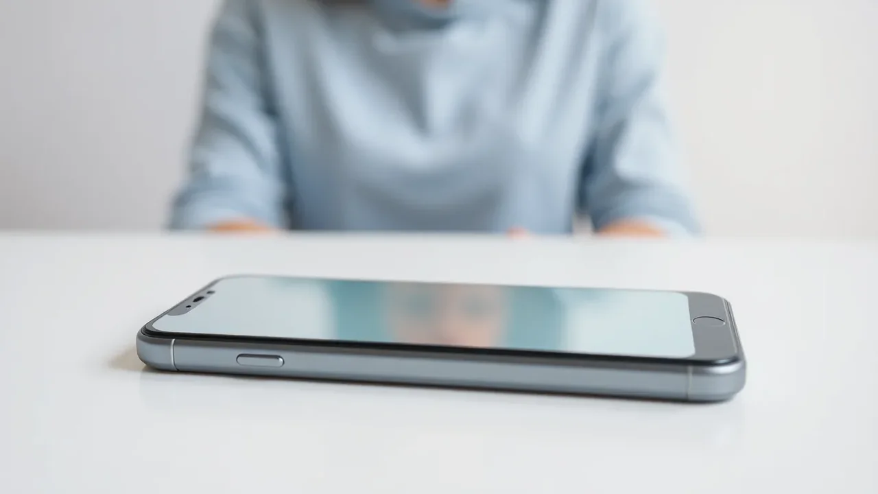 Europeisk kvinna visar ett skärmskydd som ligger rätt över en iPhone-skärm
