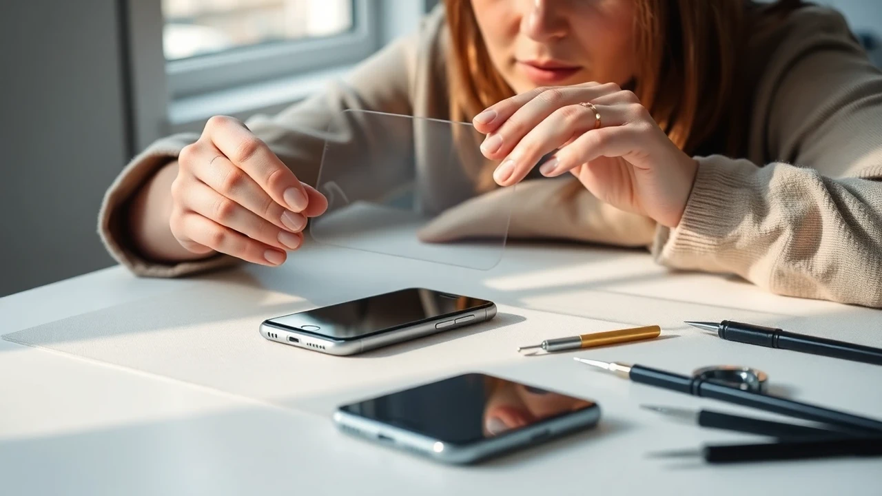 Europeisk kvinna visar ett nytt skärmskydd för iPhone