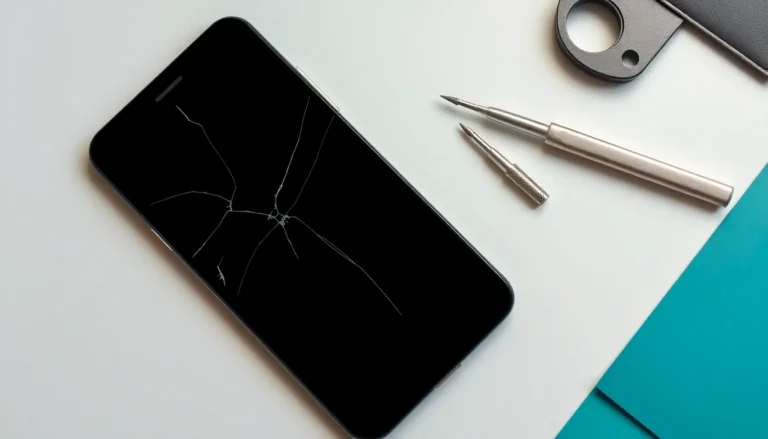 Sprucken iPhone-skärm bredvid verktyg för skärmbyte