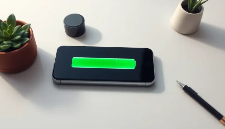 iPhone med nästan full grön batterisymbol på ett ljust skrivbord