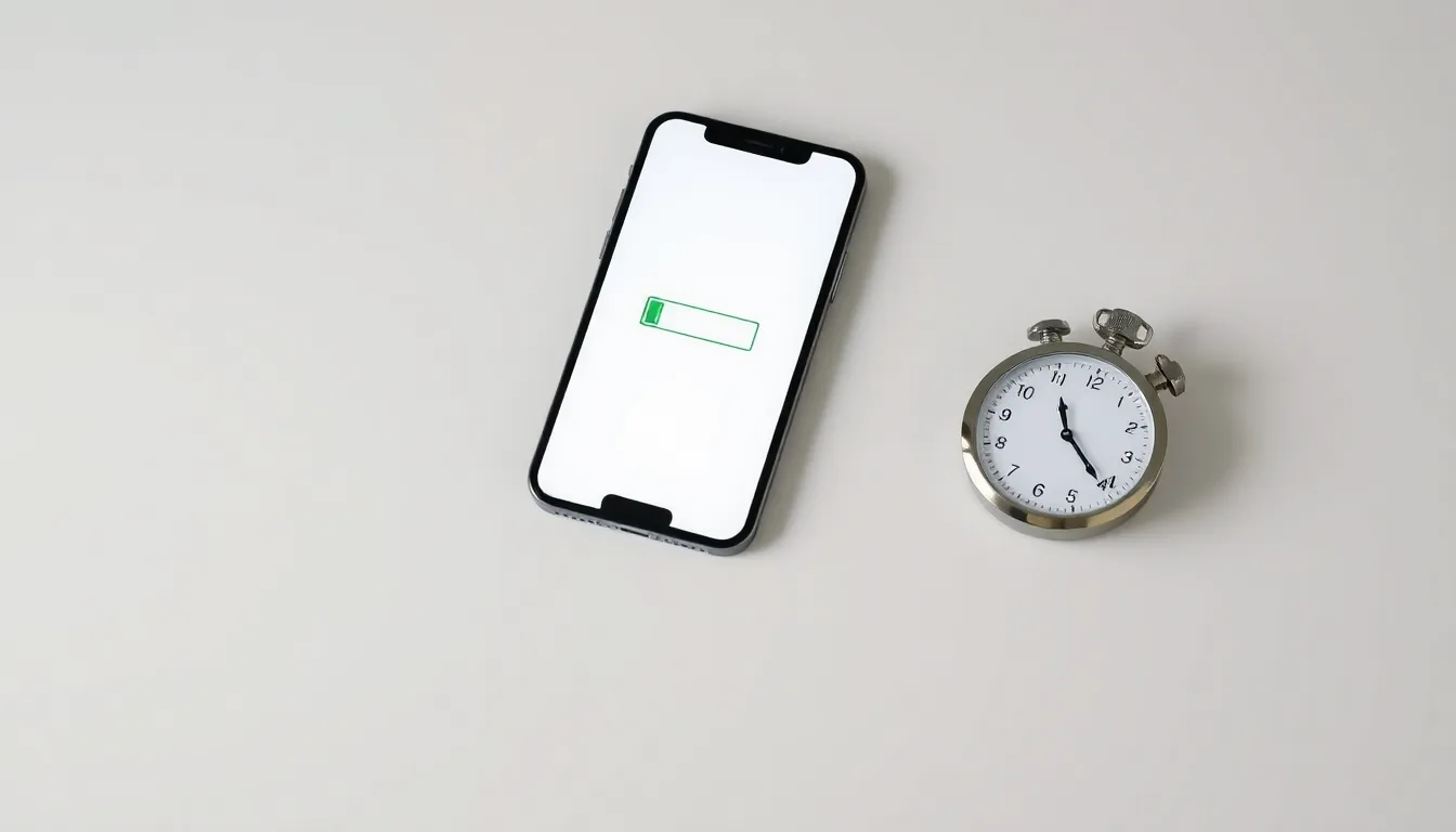 iPhone med nästan tom batterisymbol bredvid ett stoppur