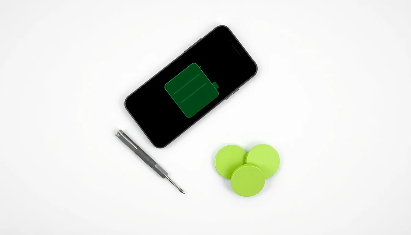 iPhone med batterisymbol och underlag för att jämföra pris på batteribyte