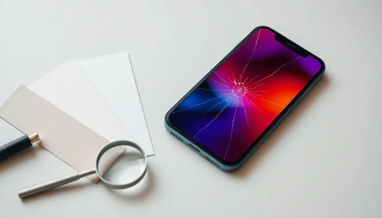Sprucken iPhone-skärm med förstoringsglas och materialprover inför prisjämförelse