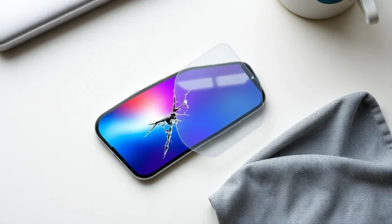 Sprucket skärmskydd som lyfts från en iPhone för att bytas