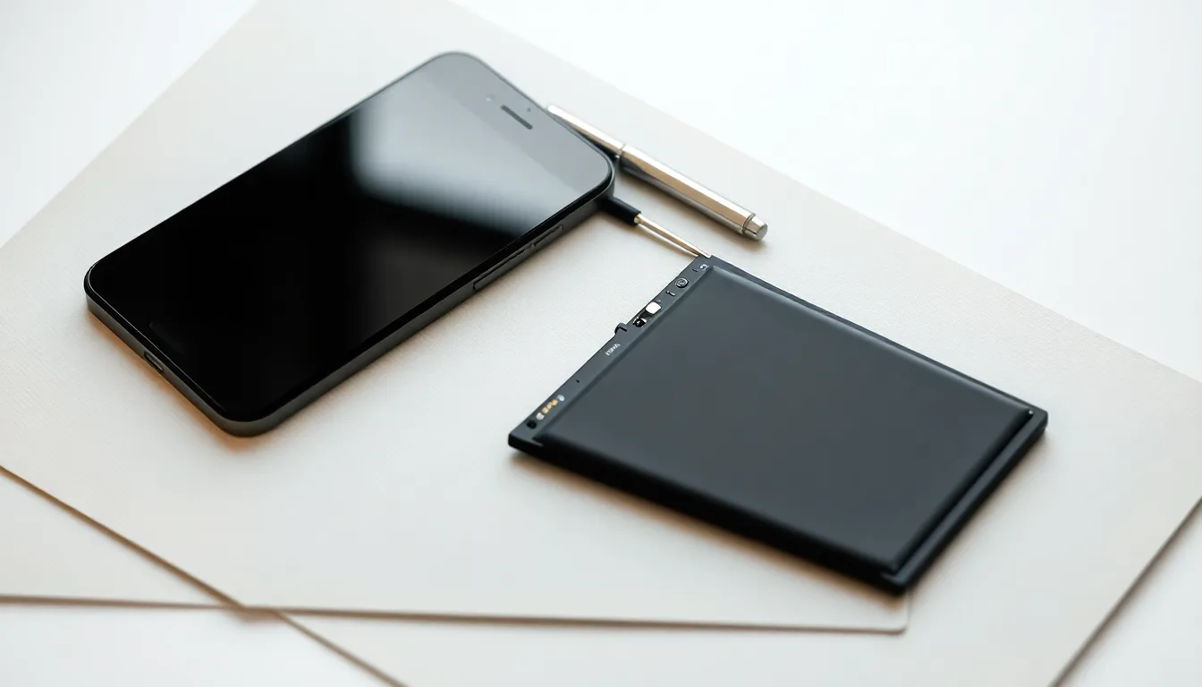 iPhone bredvid ett nytt batteri och verktyg för batteribyte