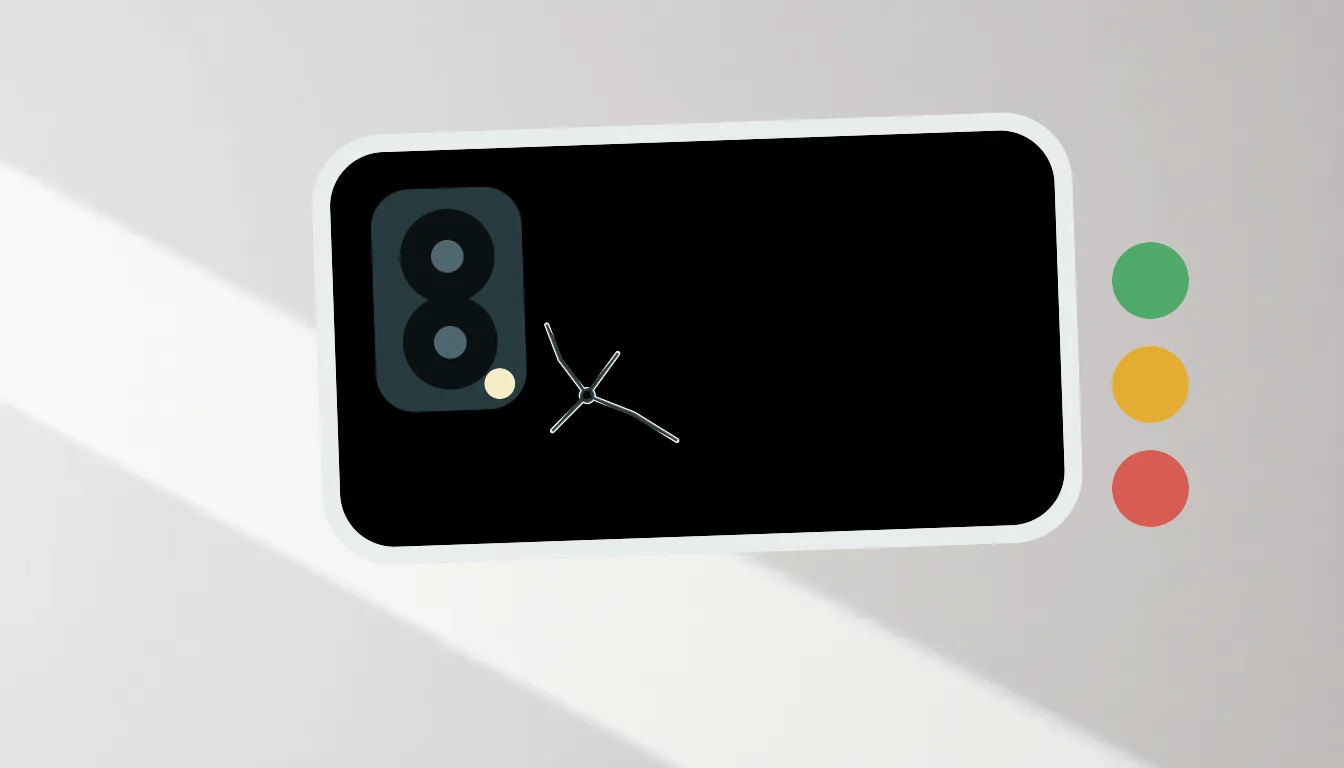 Illustrerad sprucken iPhone-baksida med grön, gul och röd beslutsnivå