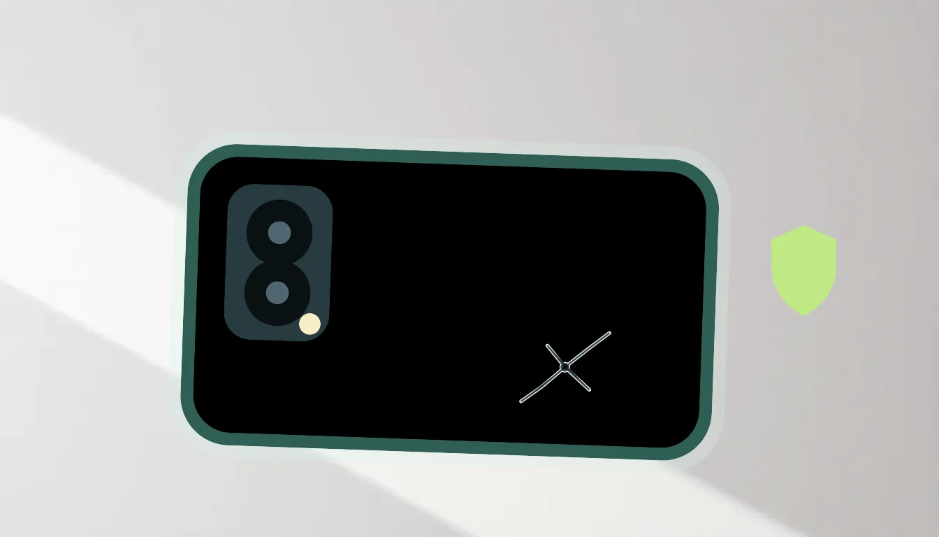 Illustrerad iPhone med liten spricka i baksidan och skyddande skal