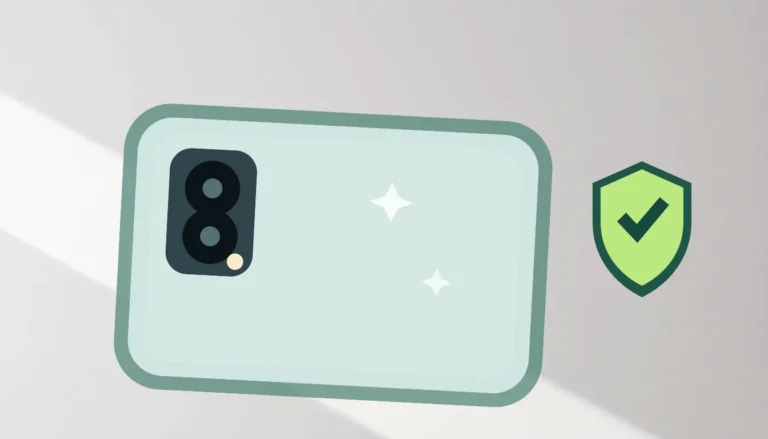 Illustrerad reparerad iPhone-baksida med skyddsskal och säkerhetssymbol