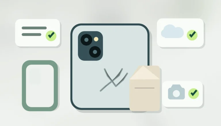 Illustrerad iPhone-baksida med checklista, moln och kamera inför service
