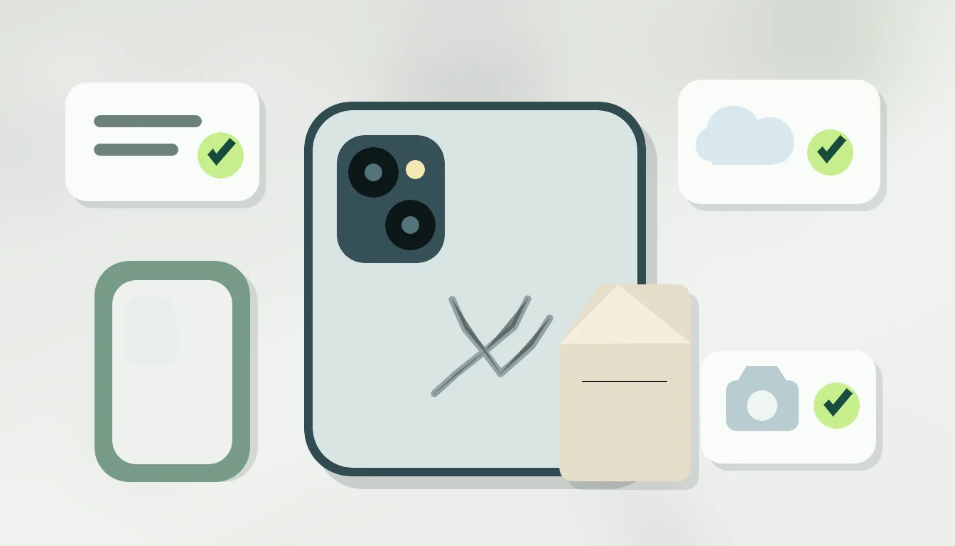 Illustrerad iPhone-baksida med checklista, moln och kamera inför service