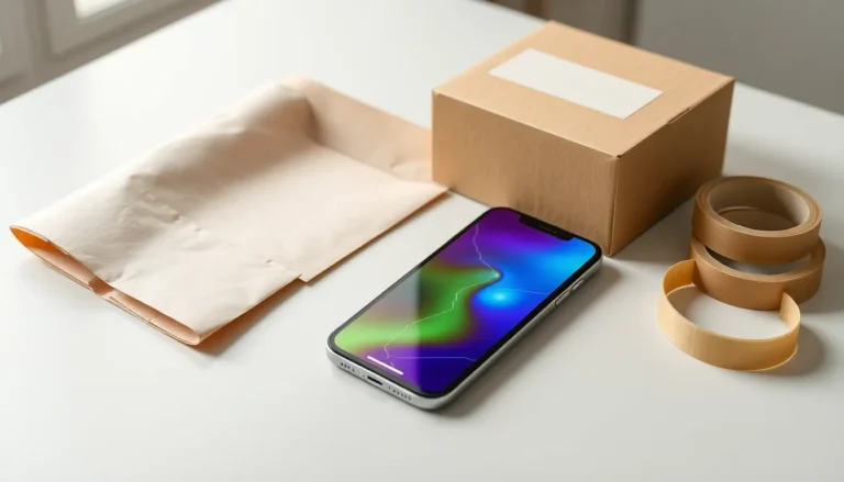 iPhone med sprucken färgskärm bredvid skyddspapper, kartong och pakettejp inför inskick