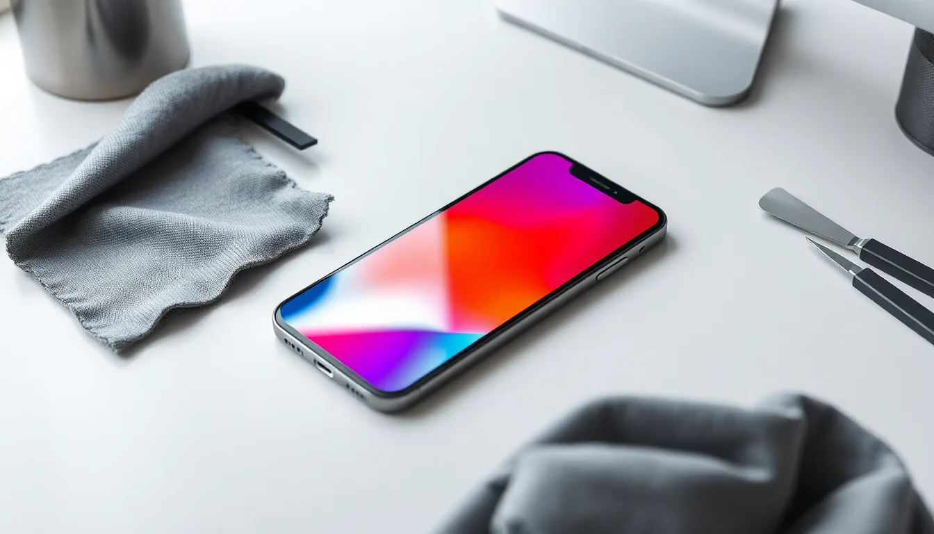 Reparerad iPhone med hel färgskärm, skyddande skal och mjuk rengöringsduk
