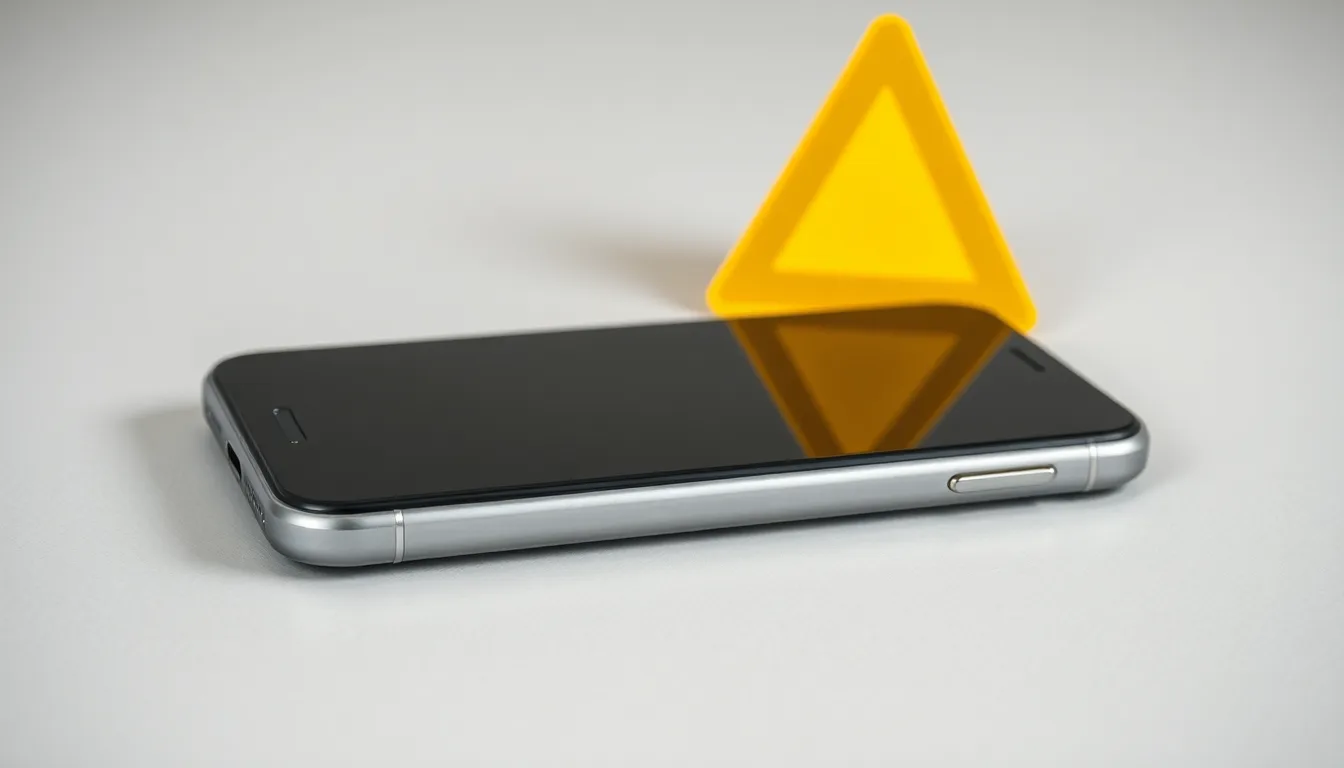 Avstängd iPhone med gul varningssymbol vid misstänkt svullet batteri