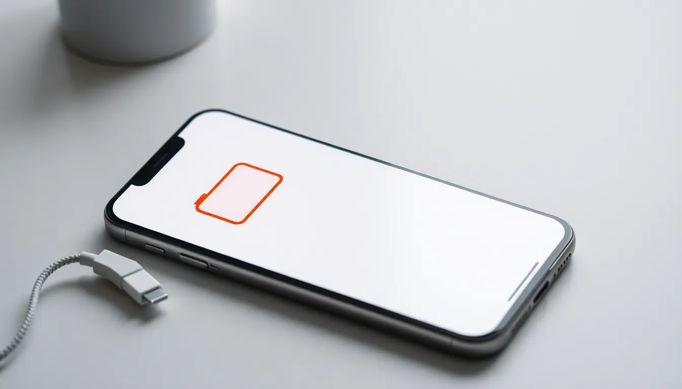 iPhone med nästan tom batterisymbol bredvid en frånkopplad laddkabel
