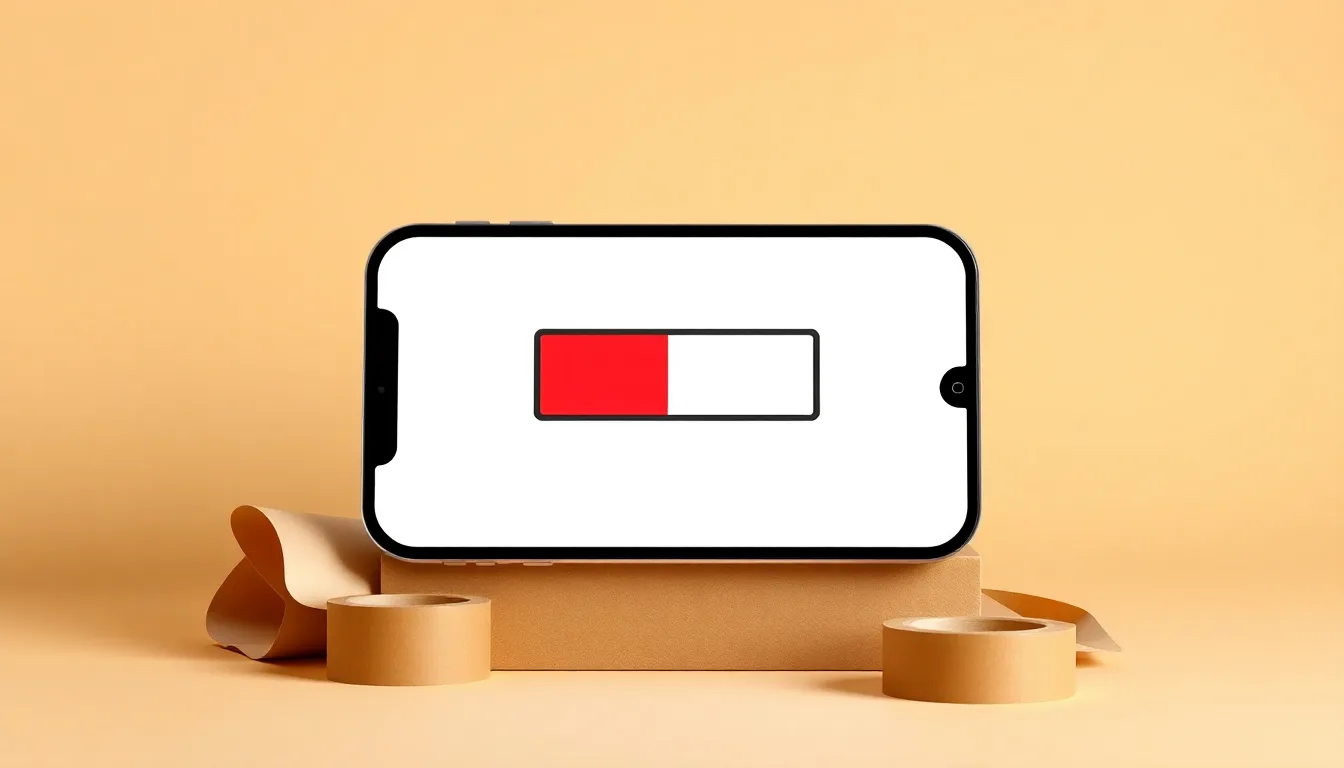iPhone 11 med låg batterinivå framför emballage för inskick