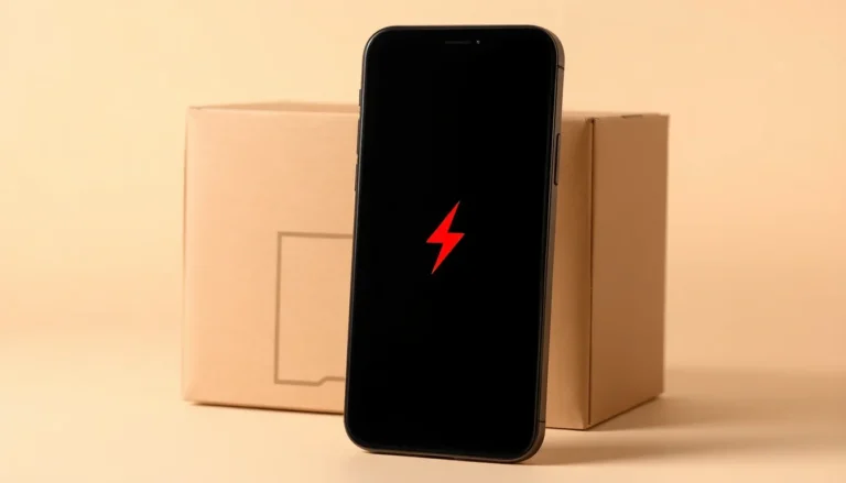 iPhone 11 med röd laddningssymbol framför emballage för inskick