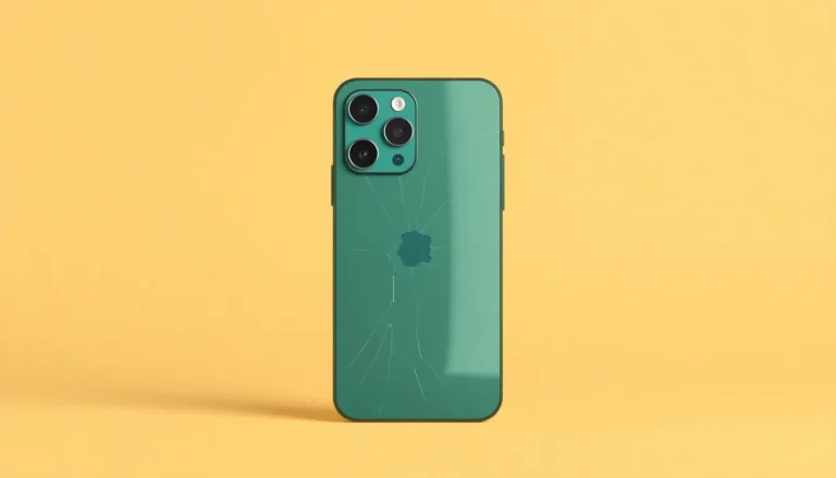 Grön iPhone 11 Pro med tydligt sprucken baksida och oskadade kameror