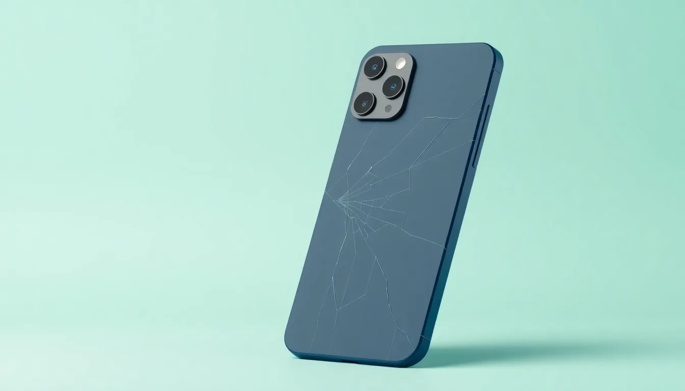 Mörkblå iPhone 11 Pro Max med tydligt sprucken baksida och oskadade kameror