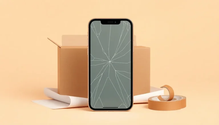 iPhone 11 Pro med sprucken skärm framför kartong och packmaterial inför inskick