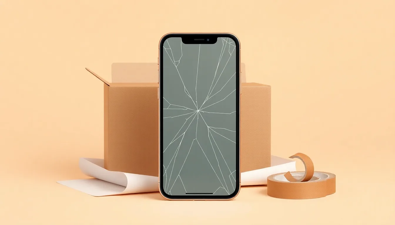 iPhone 11 Pro med sprucken skärm framför kartong och packmaterial inför inskick