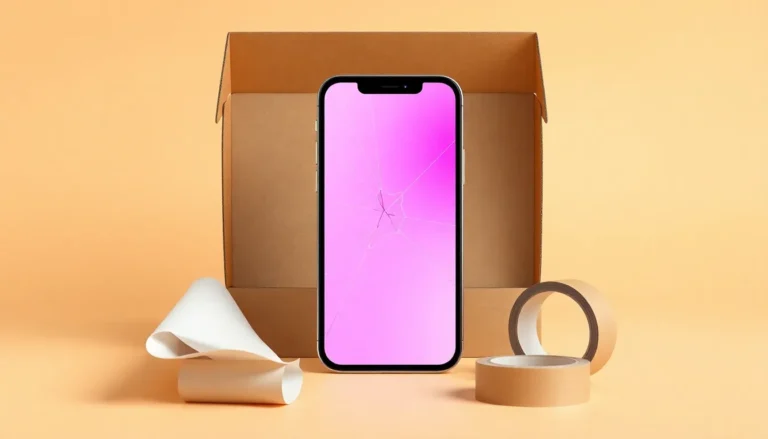 Illustrerad iPhone 11 med sprucken färgskärm framför kartong och packmaterial