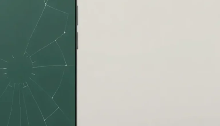 Närbild av sprucket mörkgrönt baksidesglas på iPhone 12