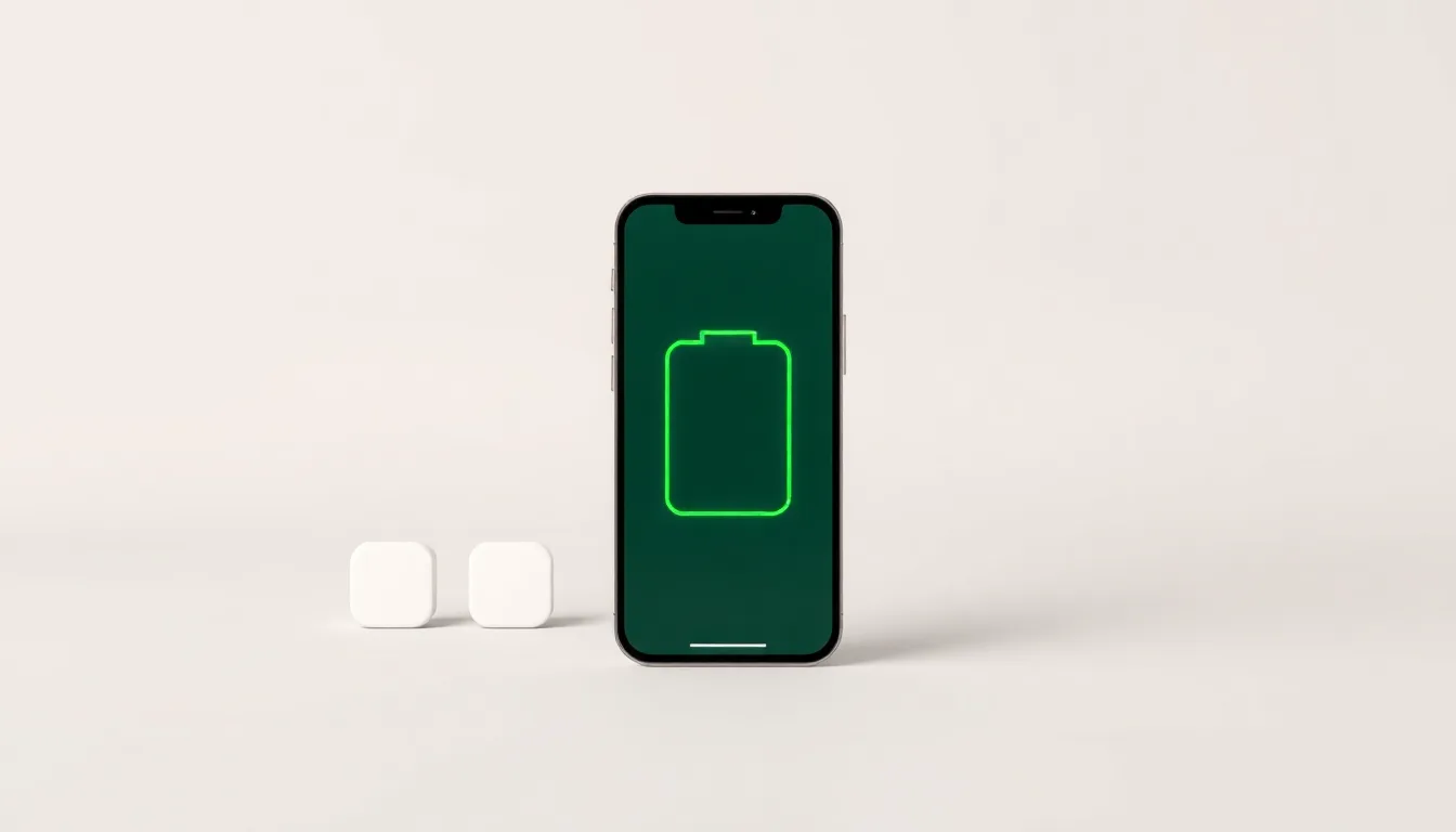 iPhone 12 mini med batterisymbol och två tomma jämförelsekort