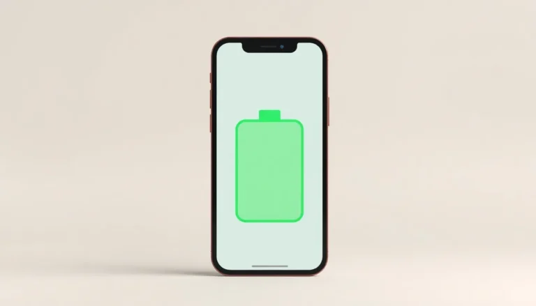 Frontvänd telefon med stor grön batterisymbol mot ljus bakgrund