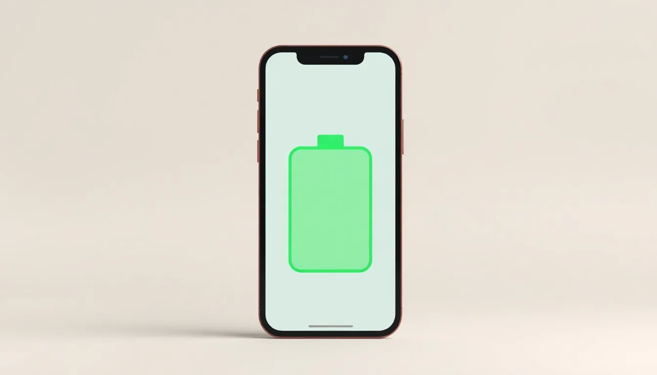 Frontvänd telefon med stor grön batterisymbol mot ljus bakgrund
