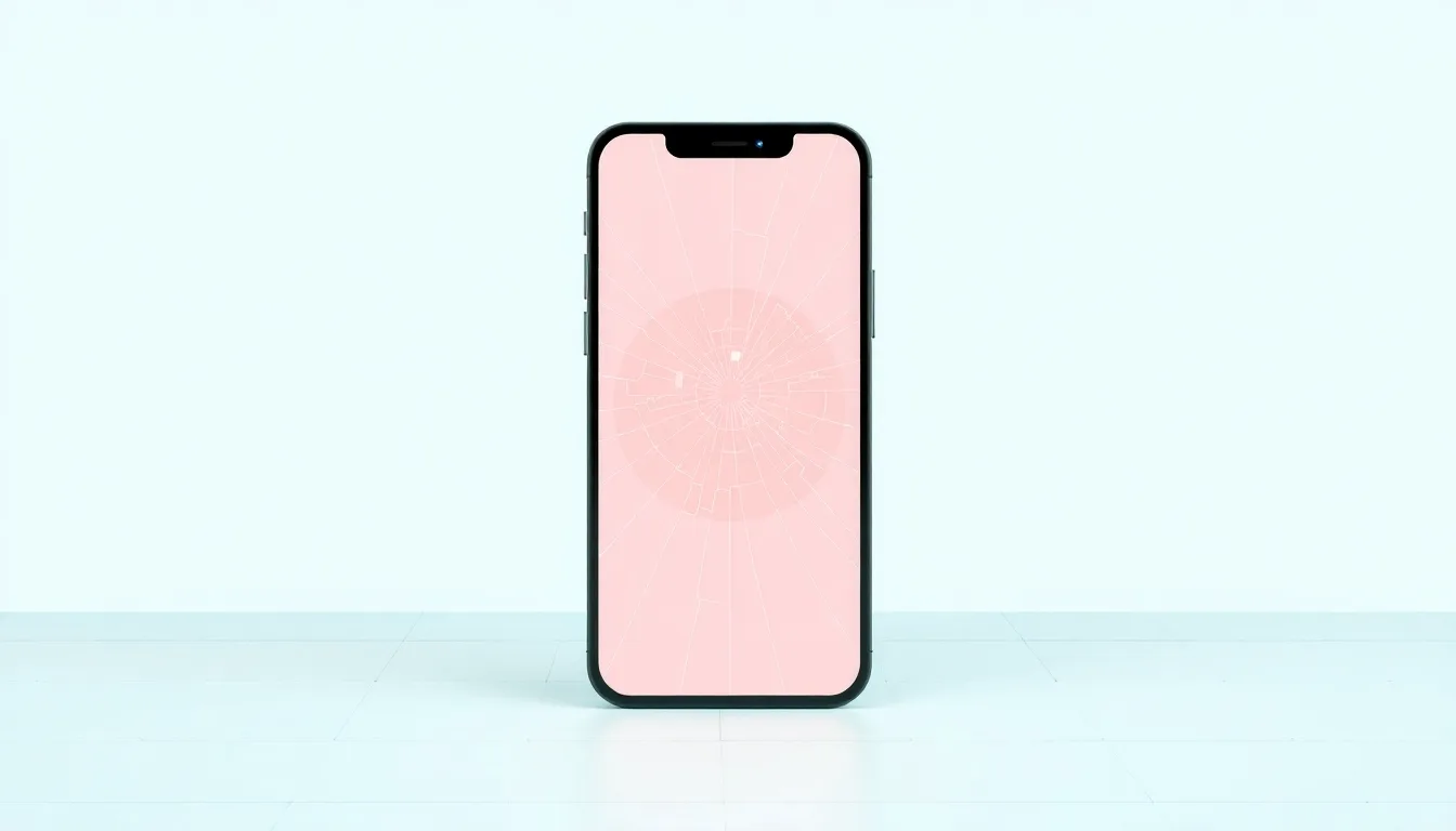 Frontvänd telefon med sprucken rosa skärm mot ljus mintgrön bakgrund