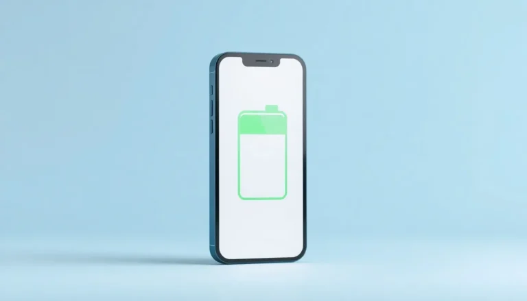 Frontvänd mörk telefon med grön batterisymbol mot ljus blågrå bakgrund