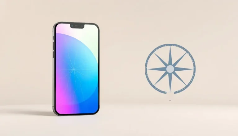 Telefon med sprucken färgskärm bredvid en rund symbol
