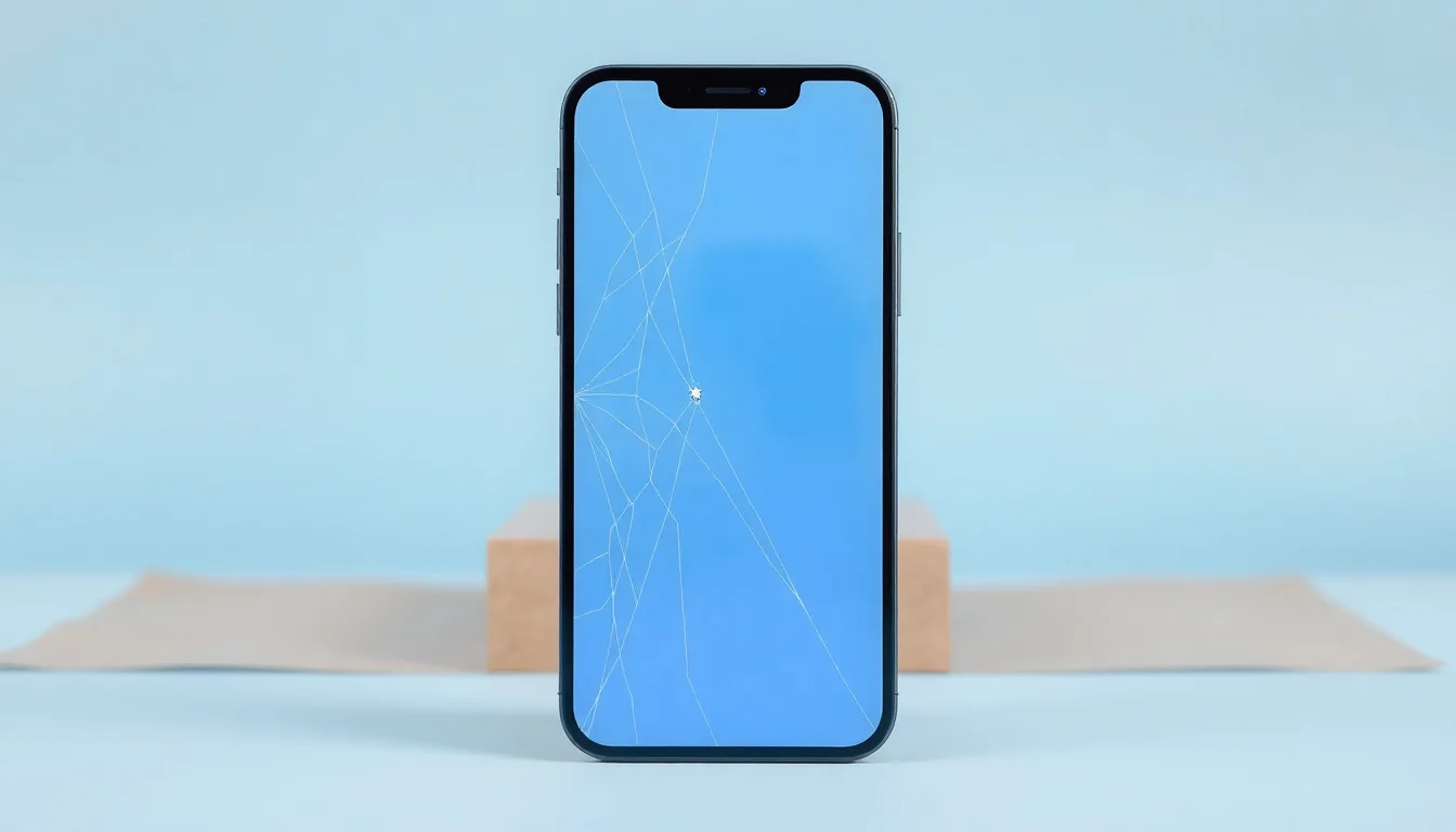 iPhone 14 med sprucken skärm inför inskick för skärmbyte