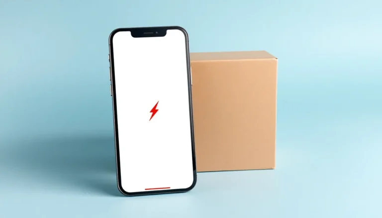 iPhone 12 Pro Max med laddningssymbol framför emballage för inskick